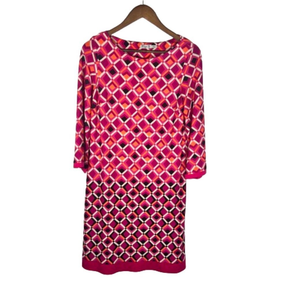 Eliza J‎ Womens Geometric Print Shift Dress Size 8 Pink Colorful Stretch Office